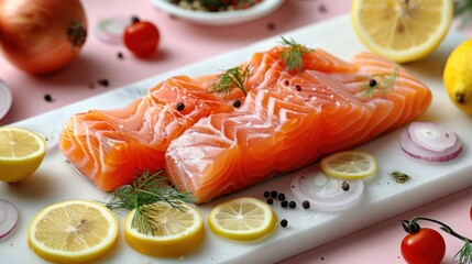 Two pieces of salmon, lemon, dill and onions on a white cutting board