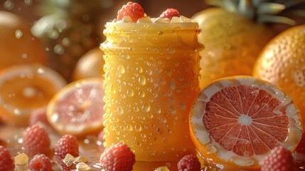 Wall Mural - A glass of orange juice with raspberries and citrus fruit slices