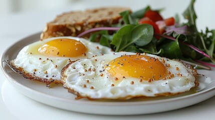 two sunny-side-up eggs with a side of salad and toast