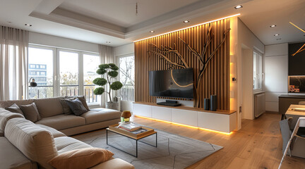 Poster - An interior design, a modern living room with a tall wood slat wall panel behind the sofa and tv unit, a dining table in front of it, white walls, warm lighting, wooden flooring. Generative AI.