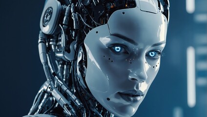 Wall Mural - Robot female on blue background while created with futuristic technology