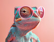 © Sunshine Studio - Colorful friendly adorable chameleon lizard, stylish pink and light blue colors with glasses posing on matching background, trendy and vibrant fashion accessory concept for beauty and art enthusiasts