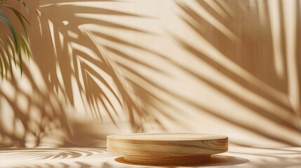 Poster - Empty wooden podium set against an abstract backdrop with palm leaf shadows Geometric scene for product display