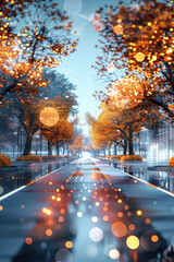 Canvas Print - Enchanted Autumn Pathway A Magical Journey through Foliage and Sparkling Lights in a Tranquil Park Setting during Sunset