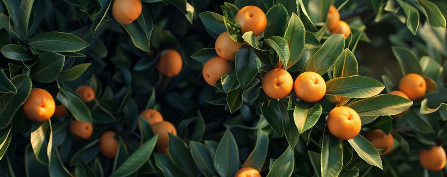 Orange tree with ripe fruits in natural sunlight, close-up view. Harvest and agriculture concept