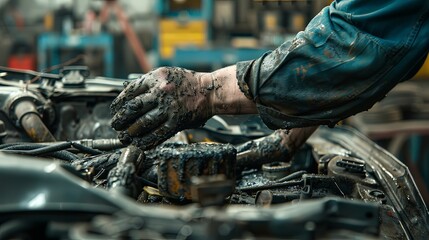 Wall Mural - Mechanic, hands covered in grease, working diligently under the hood of a car within a bustling workshop environment, showcasing mechanical skills, precision, and hard work.