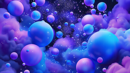 Wall Mural - A colorful galaxy of blue and purple spheres with a starry background. Concept of wonder and awe at the vastness of the universe