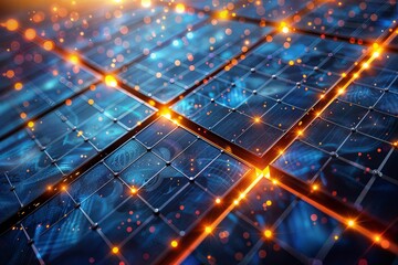Close-up of solar panels with glowing nodes, symbolizing advanced renewable technology.