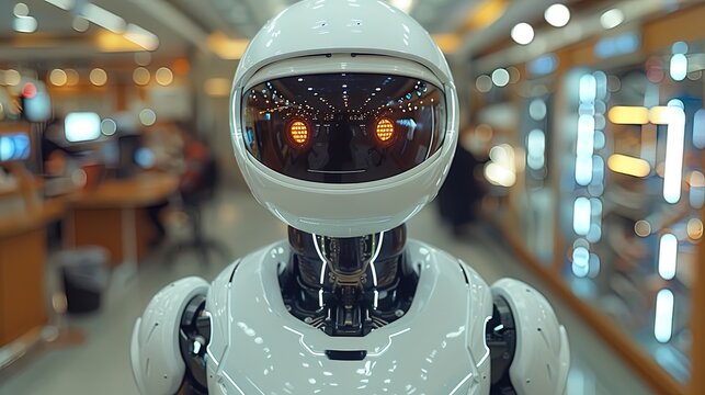 A robot with a white helmet stands in a room with a lot of lights