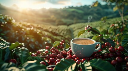 Wall Mural - A steaming cup of coffee placed in the middle of a lush coffee field, surrounded by green coffee plants and ripe coffee cherries under a bright, clear sky. Generative AI.