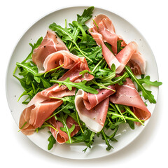 Wall Mural - Prosciutto and arugula salad top view isolated on white
