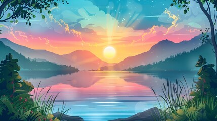 Wall Mural - A serene mountain lake nestled between rugged peaks with views of sunset