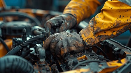 Wall Mural - The image captures a mechanic's hands deep in the engine bay, adjusting parts while wearing dirty gloves and a work jacket, symbolizing hard work and expertise.