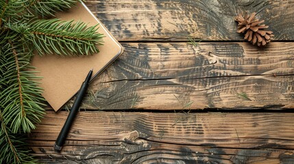 Wall Mural - Brown notebook black pen pine needles on wooden table Winter holidays idea