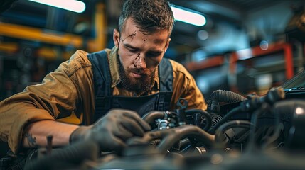 Wall Mural - A determined mechanic with dirty clothes is focused on the intricate work of fixing an car engine in a well-lit garage, surrounded by various tools and machinery.