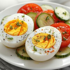 Wall Mural - Hard-boiled eggs served with a fresh cucumber and tomato salad