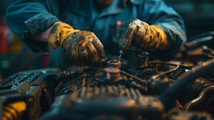 Wall Mural - A mechanic intensely focused on repairing a complex engine, wearing oil-stained gloves and a blue uniform, illustrating the hands-on labor involved in auto maintenance.