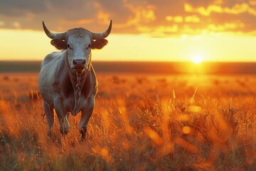 Wall Mural - cow on sunset background