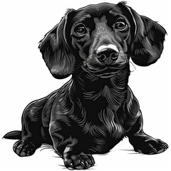 A black and white drawing of a dachshund dog