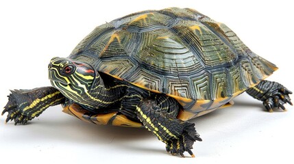 A red-eared slider turtle with a patterned shell