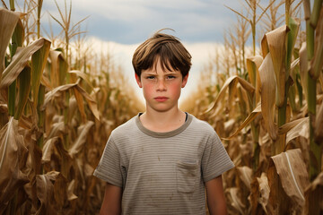 Canvas Print - Generated with AI picture of man in a field growing wheat and corns plants