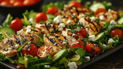 Wall Mural - Close-up of a delicious salad with grilled chicken, feta cheese, tomatoes, and cucumbers