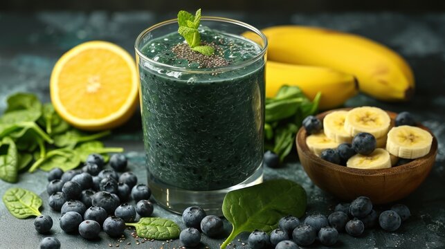Close-up of a green smoothie with blueberries, bananas, and spinach