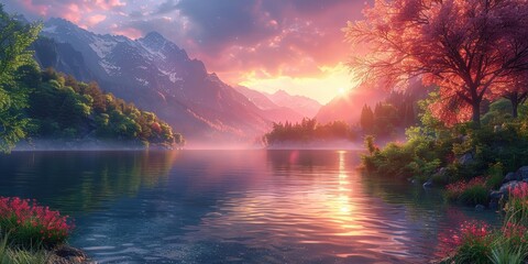Wall Mural - Sunset Over a Serene Mountain Lake