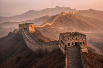 Wall Mural - the great wall of china is surrounded by mountains and the  morning mist. 