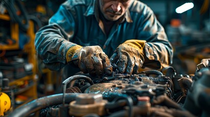 Wall Mural - A mechanic, wearing protective gloves and blue overalls, is intently working on repairing a complex part of a vehicle's engine, surrounded by various tools and equipment.