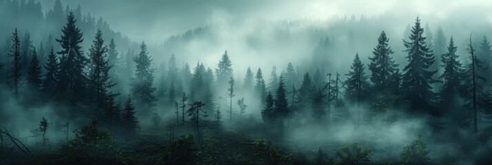 Wall Mural - Enigmatic Foggy Forest Landscape