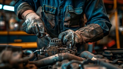 Wall Mural - A hardworking mechanic in a blue uniform, wearing protective gloves, is meticulously adjusting a part of a vehicle engine setup in a well-equipped automotive workshop.