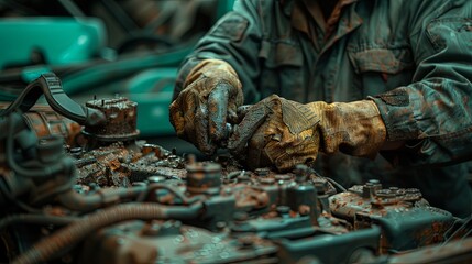 Wall Mural - In an automotive workshop, a mechanic, skillfully handling complex repair tasks on a vehicle engine, is seen amidst an array of tools, showcasing his expertise and commitment.