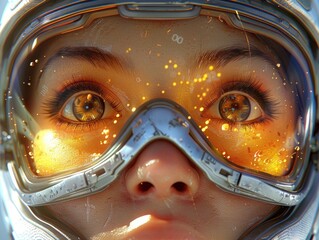Wall Mural - Close-up of a person wearing futuristic goggles with glowing lights inside