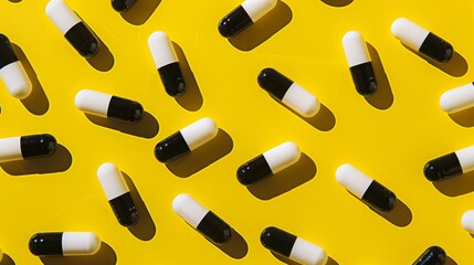 black and white capsules pattern on yellow background, healthcare and medicine concept