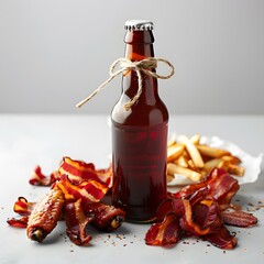 Wall Mural - Beer bottle with - mockup, fried bacon and french fries isolated on white background. Advertising poster.