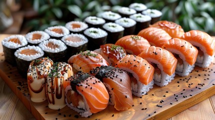 Wall Mural - Assorted sushi rolls with salmon on wooden board