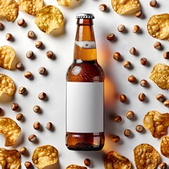 Wall Mural - Beer bottle with white blank label - mockup. Beer with chips and nuts isolated on white background. Advertising poster.