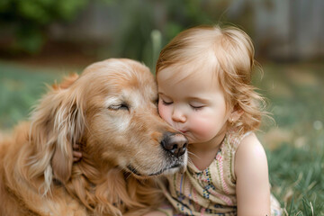 Wall Mural - a little girl is kissing a dog in the grass