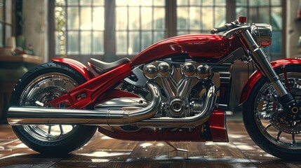 A red motorcycle with chrome accents sits in a garage