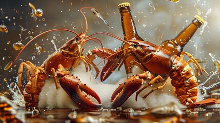Food poster, couple of lobsters with two bottles of beer, foam flowing with beer splashing. Copy space. Advertising illustration.