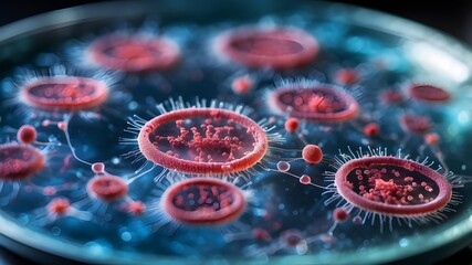 Wall Mural - A close-up view of bacterium and virus cells in a petri dish used in scientific research