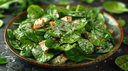 Wall Mural - Close-up of a vibrant spinach salad with creamy dressing and red pepper flakes