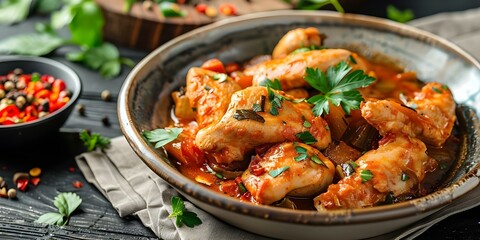 Poster - Chicken fricassee in zesty red pepper sauce a flavorful and savory dish. Concept Chicken Fricassee, Red Pepper Sauce, Flavorful Dish, Savory Recipe