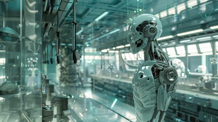Wall Mural - A 3D depiction of a cybernetic organism, blending advanced robotics with human features, in a high-tech facility