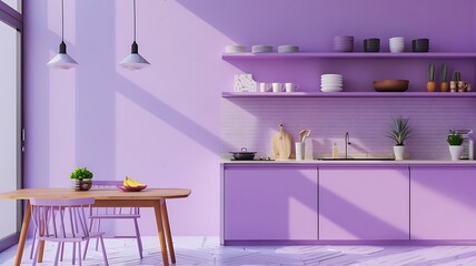 Wall Mural - a contemporary French kitchen interior featuring purple cabinets and a matching table, with a stylish backsplash set against pastel purple walls adorned with sleek shelves, exuding elegance and modern