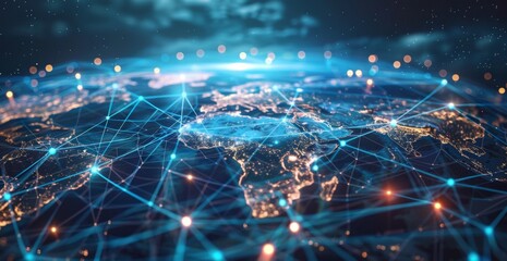 Wall Mural - global network concept, with visualization lines representing connections, glowing, earth