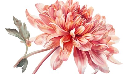 Wall Mural - Elegant watercolor illustration of a pink chrysanthemum flower in full bloom with delicate leaves on a white background.