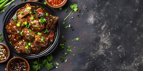 Sticker - Traditional Jamaican oxtail stew with aromatic herbs and scallions in a bowl. Concept Jamaican Cuisine, Oxtail Stew, Aromatic Herbs, Scallions, Hearty Dish