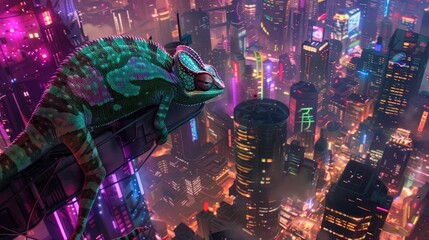 Wall Mural - A chameleon with adaptive camouflage skin blending into a neon cityscape, spying from above